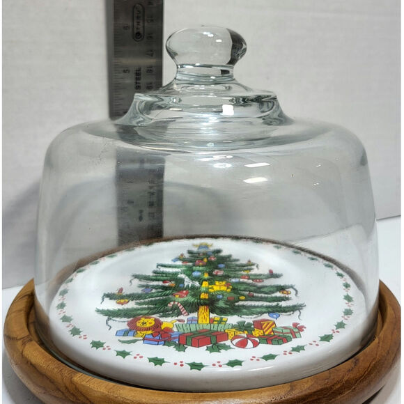 Towle Christmas Tree Holiday Cheese Board Server Teakwood Plate w/Glass Dome VTG - Picture 9 of 10